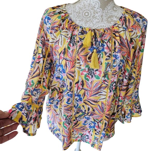 Hope & Harlow Boho Peasant Multi color Tropical Print Shirt Blouse - Picture 1 of 5